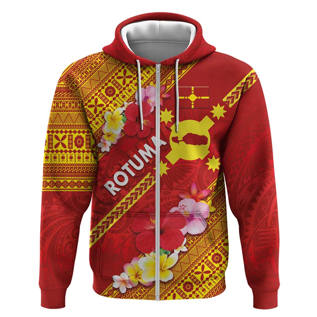 Rotuma Island Zip Hoodie Fijian Tapa with Polynesian Art and Hibiscus LT03 Zip Hoodie Red - Polynesian Pride