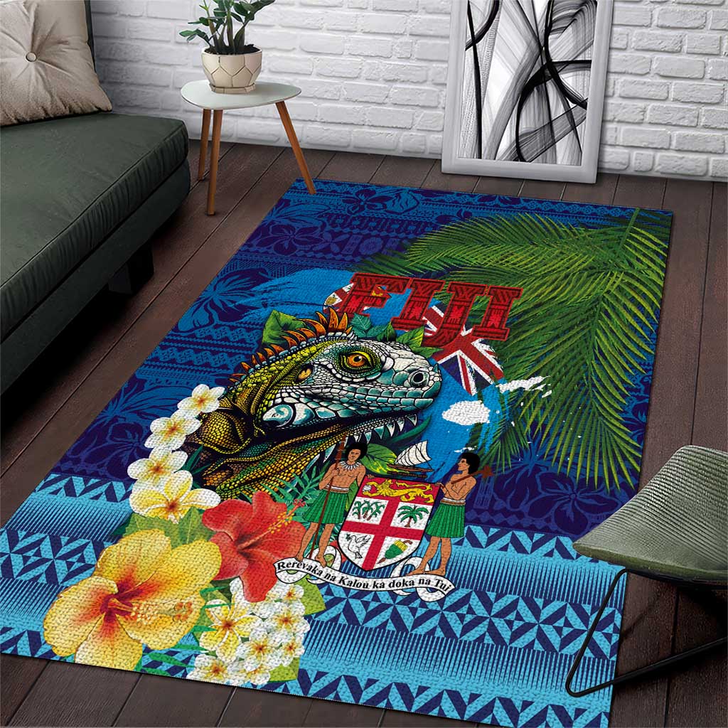 Fiji Iguana-Coat of Arms Area Rug with Hibiscus and Plumeria Palm Tree Tapa Art LT03 Blue - Polynesian Pride