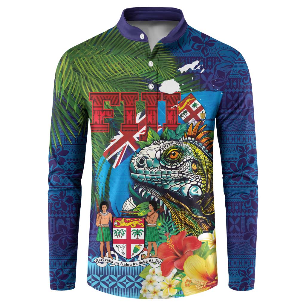 Fiji Iguana-Coat of Arms Button Sweatshirt with Hibiscus and Plumeria Palm Tree Tapa Art LT03 Blue - Polynesian Pride