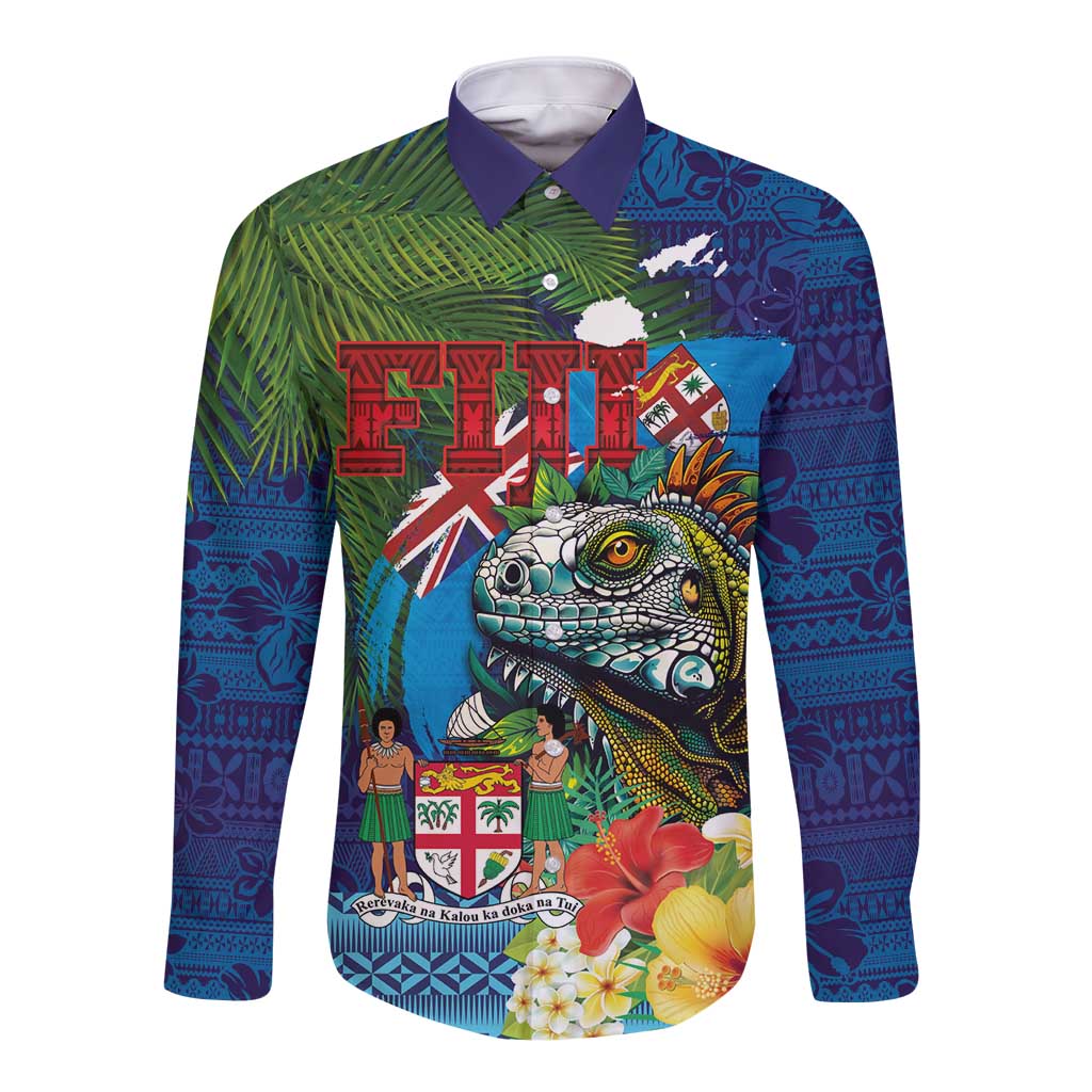 Fiji Iguana-Coat of Arms Long Sleeve Button Shirt with Hibiscus and Plumeria Palm Tree Tapa Art LT03 Unisex Blue - Polynesian Pride