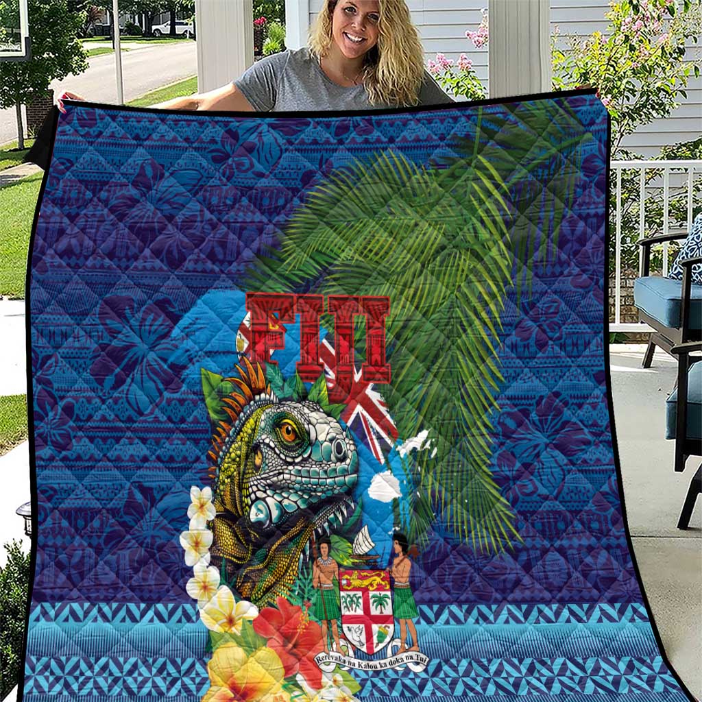 Fiji Iguana-Coat of Arms Quilt with Hibiscus and Plumeria Palm Tree Tapa Art LT03 Blue - Polynesian Pride