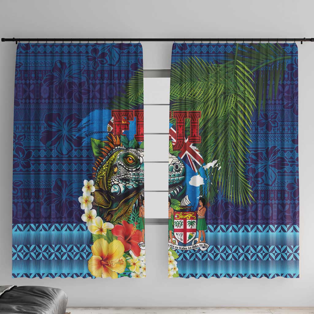 Fiji Iguana-Coat of Arms Window Curtain with Hibiscus and Plumeria Palm Tree Tapa Art LT03 With Hooks Blue - Polynesian Pride