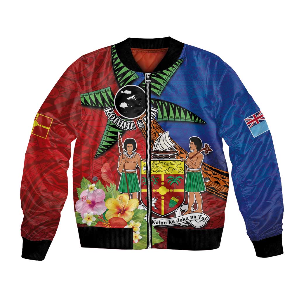 Personalised Fiji and Rotuma Together Bomber Jacket Fjian Masi and Pacific Pattern Mix Culture LT03 Unisex Red - Polynesian Pride