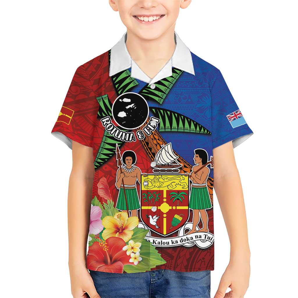 Personalised Fiji and Rotuma Together Kid Hawaiian Shirt Fjian Masi and Pacific Pattern Mix Culture LT03 Kid Red - Polynesian Pride