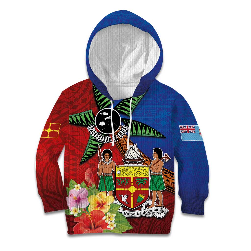 Personalised Fiji and Rotuma Together Kid Hoodie Fjian Masi and Pacific Pattern Mix Culture LT03 Hoodie Red - Polynesian Pride