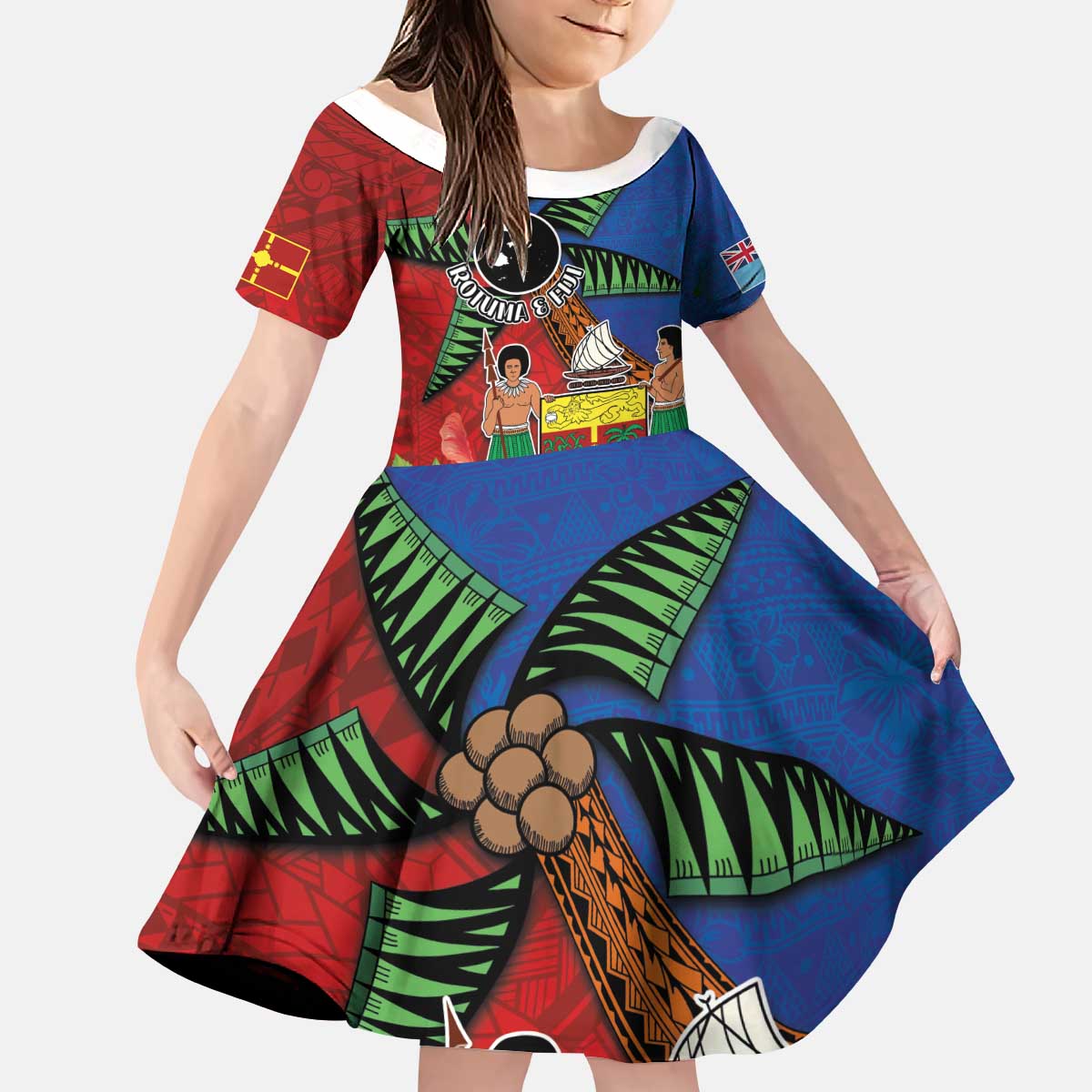 Personalised Fiji and Rotuma Together Kid Short Sleeve Dress Fjian Masi and Pacific Pattern Mix Culture LT03 KID Red - Polynesian Pride