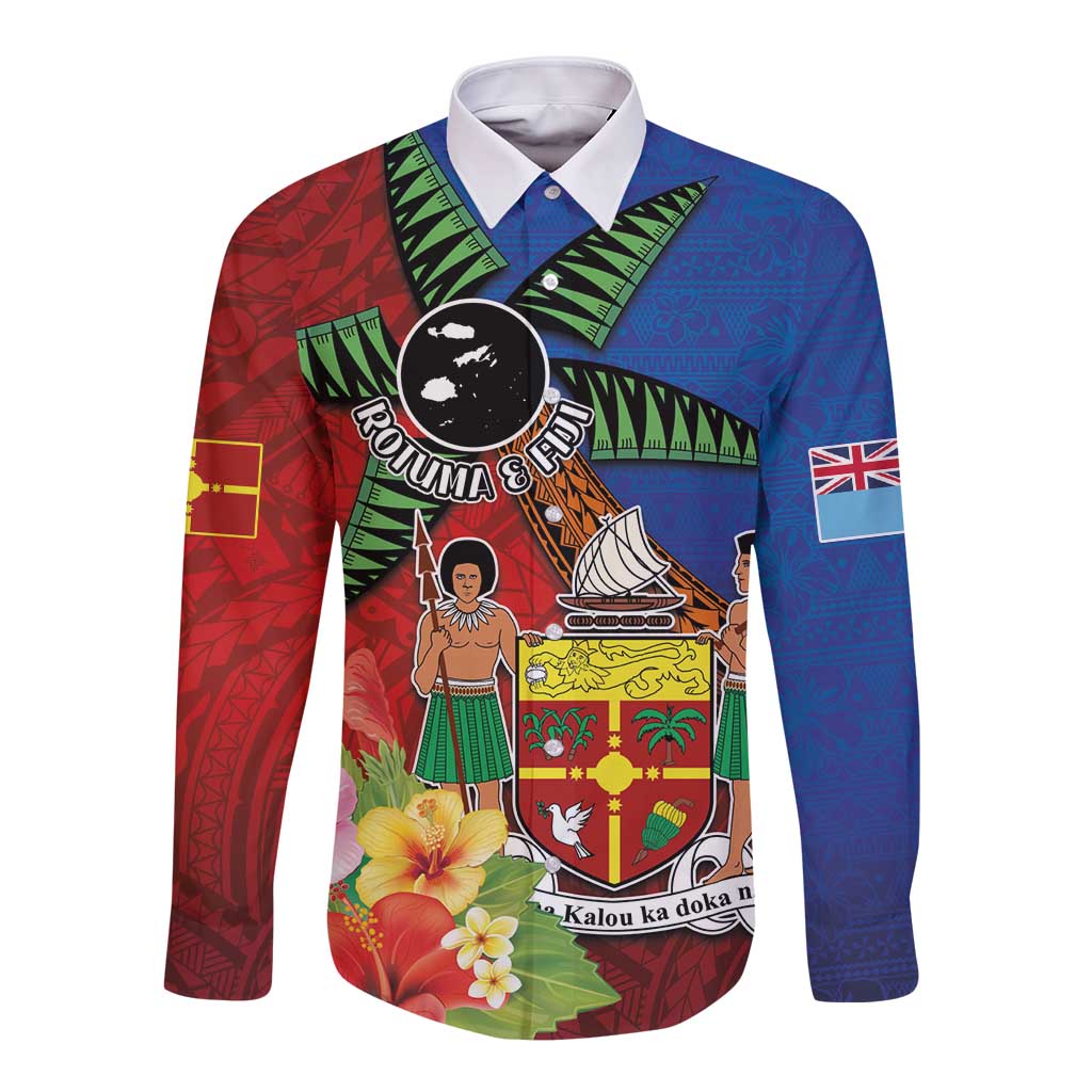 Personalised Fiji and Rotuma Together Long Sleeve Button Shirt Fjian Masi and Pacific Pattern Mix Culture LT03 Unisex Red - Polynesian Pride
