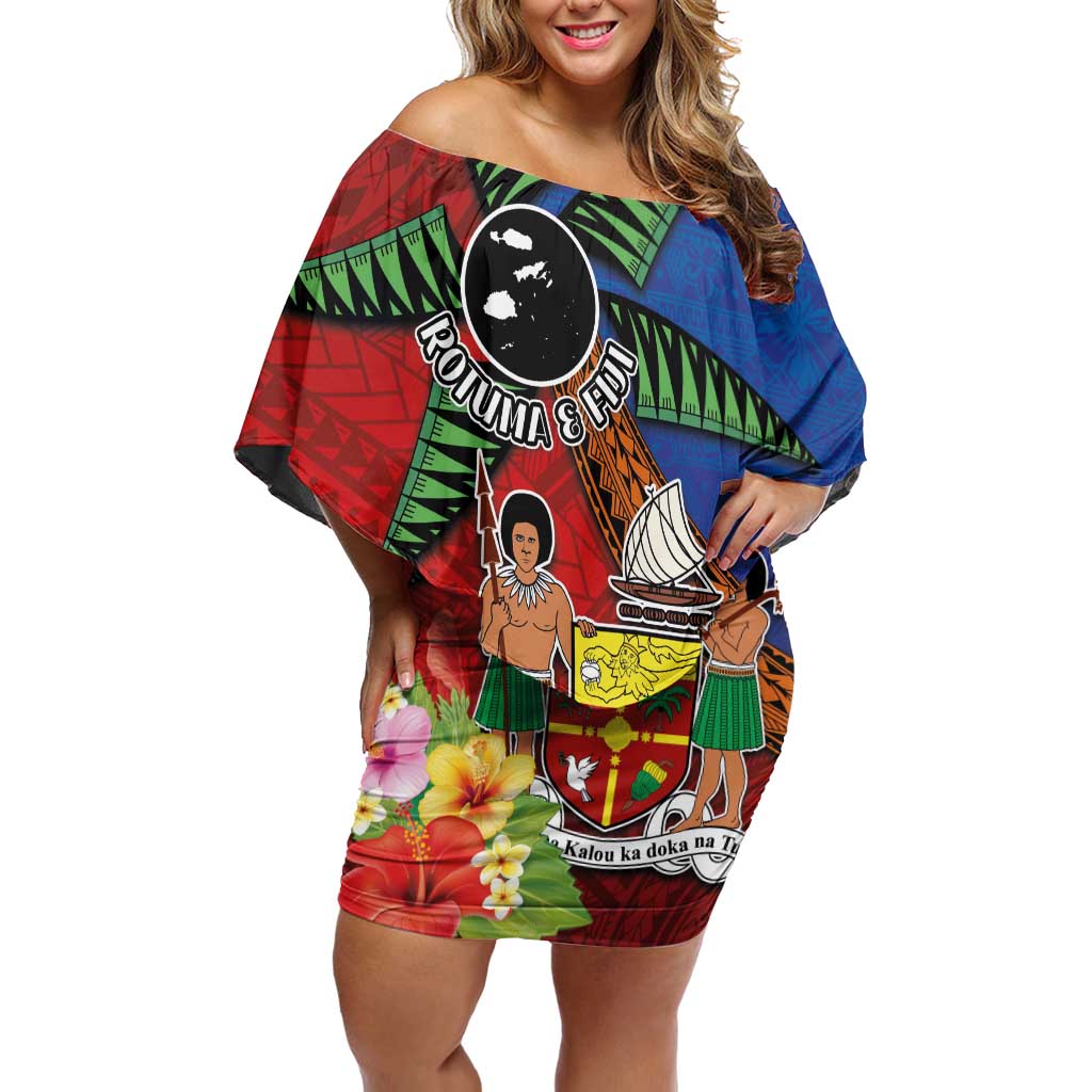 Personalised Fiji and Rotuma Together Off Shoulder Short Dress Fjian Masi and Pacific Pattern Mix Culture LT03 Women Red - Polynesian Pride