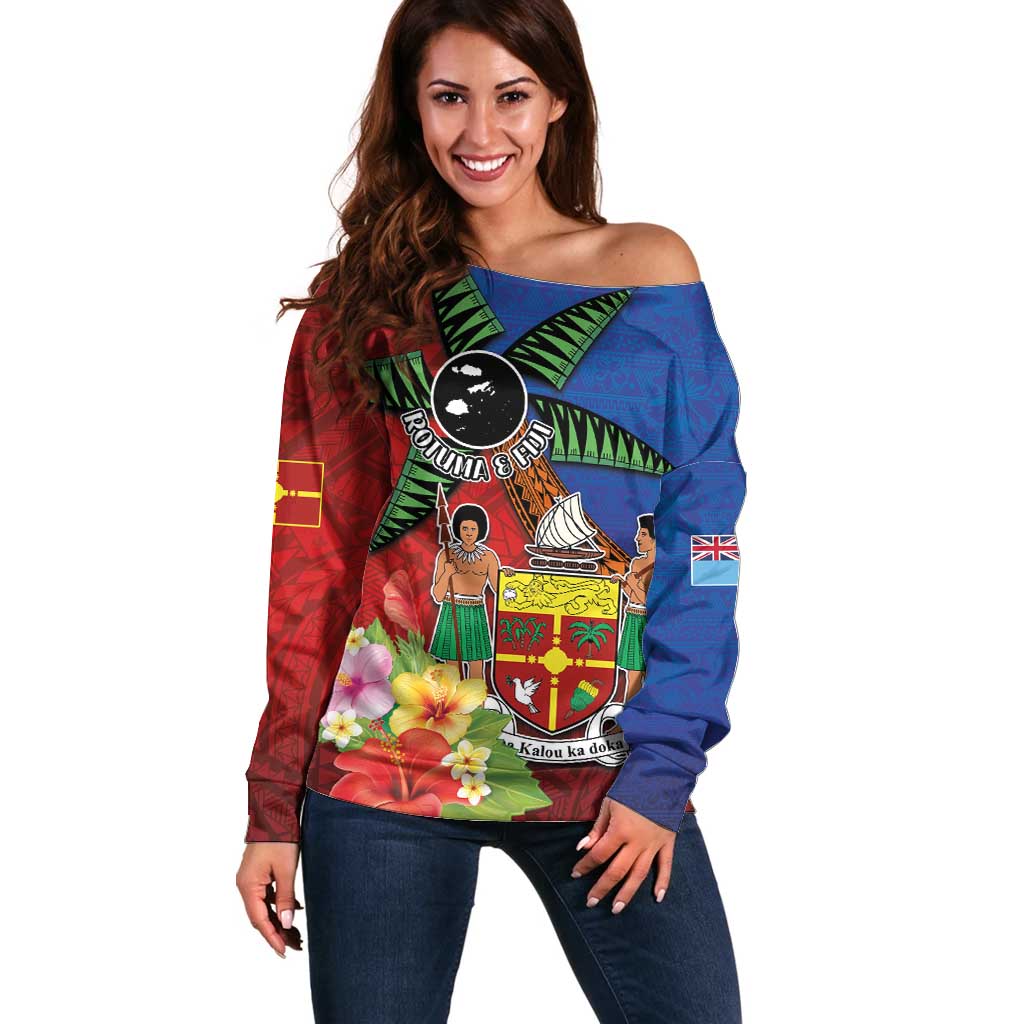 Personalised Fiji and Rotuma Together Off Shoulder Sweater Fjian Masi and Pacific Pattern Mix Culture LT03 Women Red - Polynesian Pride