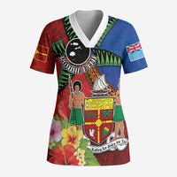 Personalised Fiji and Rotuma Together Scrub Top Fjian Masi and Pacific Pattern Mix Culture LT03 Adult Red - Polynesian Pride