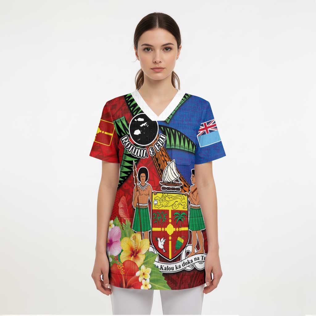 Personalised Fiji and Rotuma Together Scrub Top Fjian Masi and Pacific Pattern Mix Culture LT03 - Polynesian Pride
