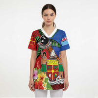 Personalised Fiji and Rotuma Together Scrub Top Fjian Masi and Pacific Pattern Mix Culture LT03 - Polynesian Pride