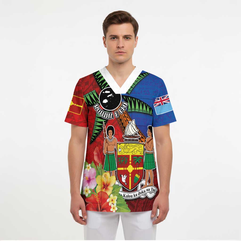 Personalised Fiji and Rotuma Together Scrub Top Fjian Masi and Pacific Pattern Mix Culture LT03 - Polynesian Pride