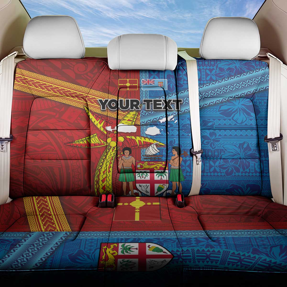 Personalised Fiji and Rotuma Together Back Car Seat Cover Tapa and Pacific Art Pattern with Cultural Emblems Half Style LT03 One Size Red - Polynesian Pride