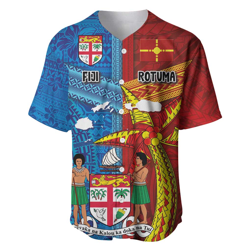 Personalised Fiji and Rotuma Together Baseball Jersey Tapa and Pacific Art Pattern with Cultural Emblems Half Style LT03 Red - Polynesian Pride