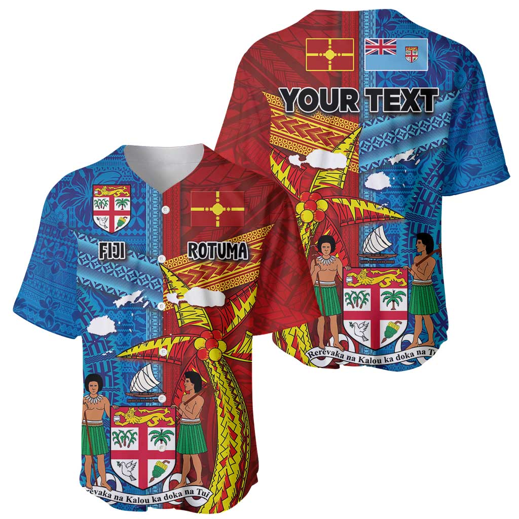 Personalised Fiji and Rotuma Together Baseball Jersey Tapa and Pacific Art Pattern with Cultural Emblems Half Style LT03 - Polynesian Pride