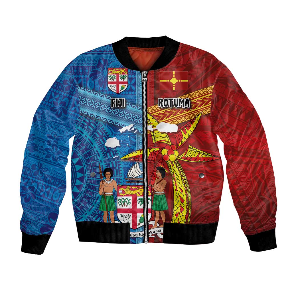 Personalised Fiji and Rotuma Together Bomber Jacket Tapa and Pacific Art Pattern with Cultural Emblems Half Style LT03 Unisex Red - Polynesian Pride