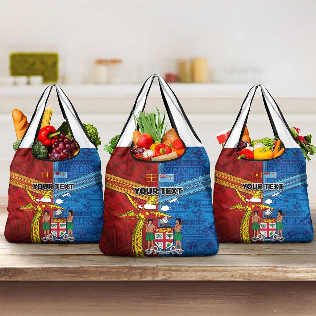 Personalised Fiji and Rotuma Together Grocery Bag Tapa and Pacific Art Pattern with Cultural Emblems Half Style LT03 3-pack One Size Red - Polynesian Pride