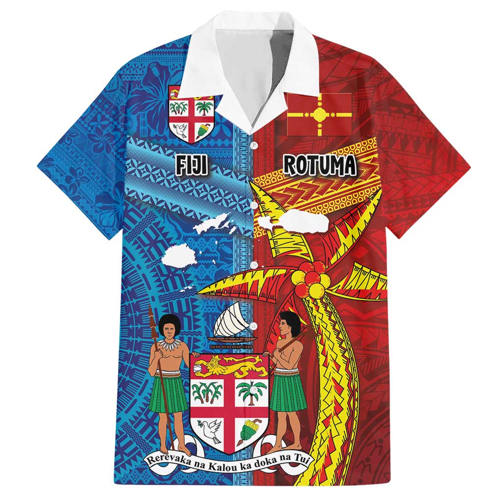 Personalised Fiji and Rotuma Together Hawaiian Shirt Tapa and Pacific Art Pattern with Cultural Emblems Half Style LT03 Red - Polynesian Pride