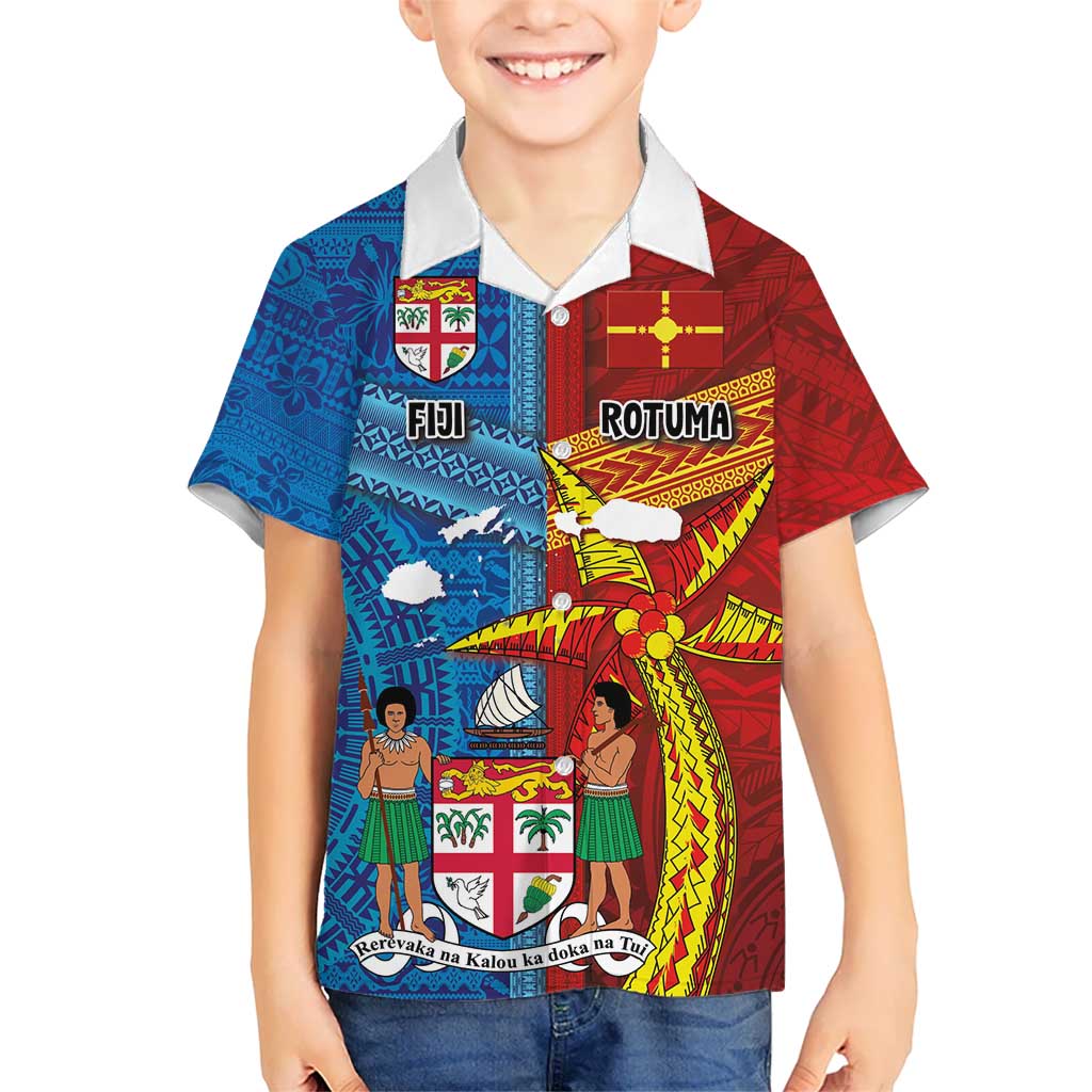Personalised Fiji and Rotuma Together Kid Hawaiian Shirt Tapa and Pacific Art Pattern with Cultural Emblems Half Style LT03 Kid Red - Polynesian Pride