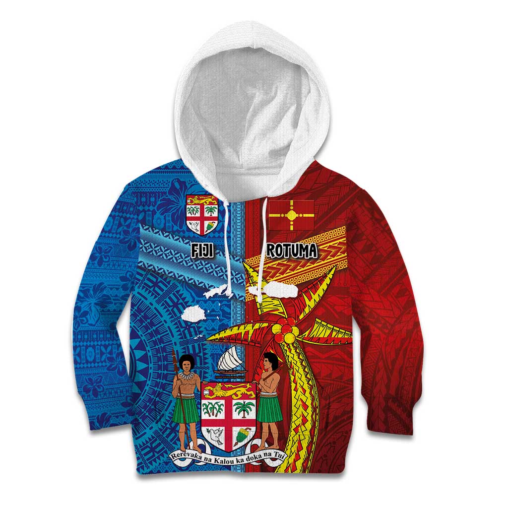 Personalised Fiji and Rotuma Together Kid Hoodie Tapa and Pacific Art Pattern with Cultural Emblems Half Style LT03 Hoodie Red - Polynesian Pride