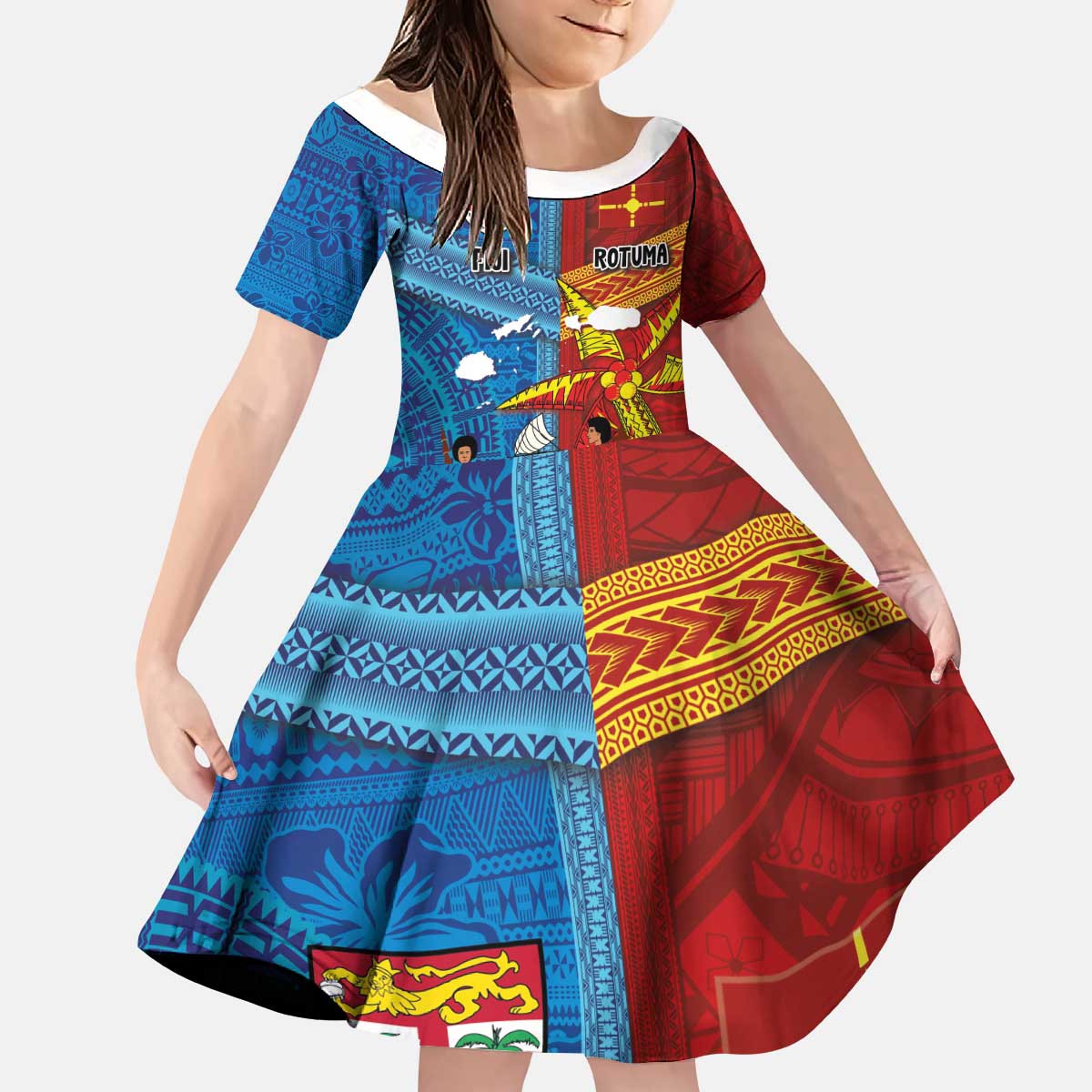 Personalised Fiji and Rotuma Together Kid Short Sleeve Dress Tapa and Pacific Art Pattern with Cultural Emblems Half Style LT03 KID Red - Polynesian Pride