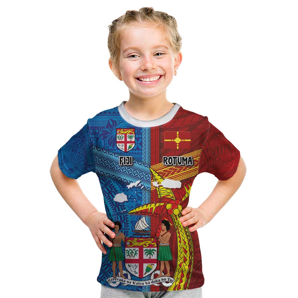 Personalised Fiji and Rotuma Together Kid T Shirt Tapa and Pacific Art Pattern with Cultural Emblems Half Style LT03 Red - Polynesian Pride