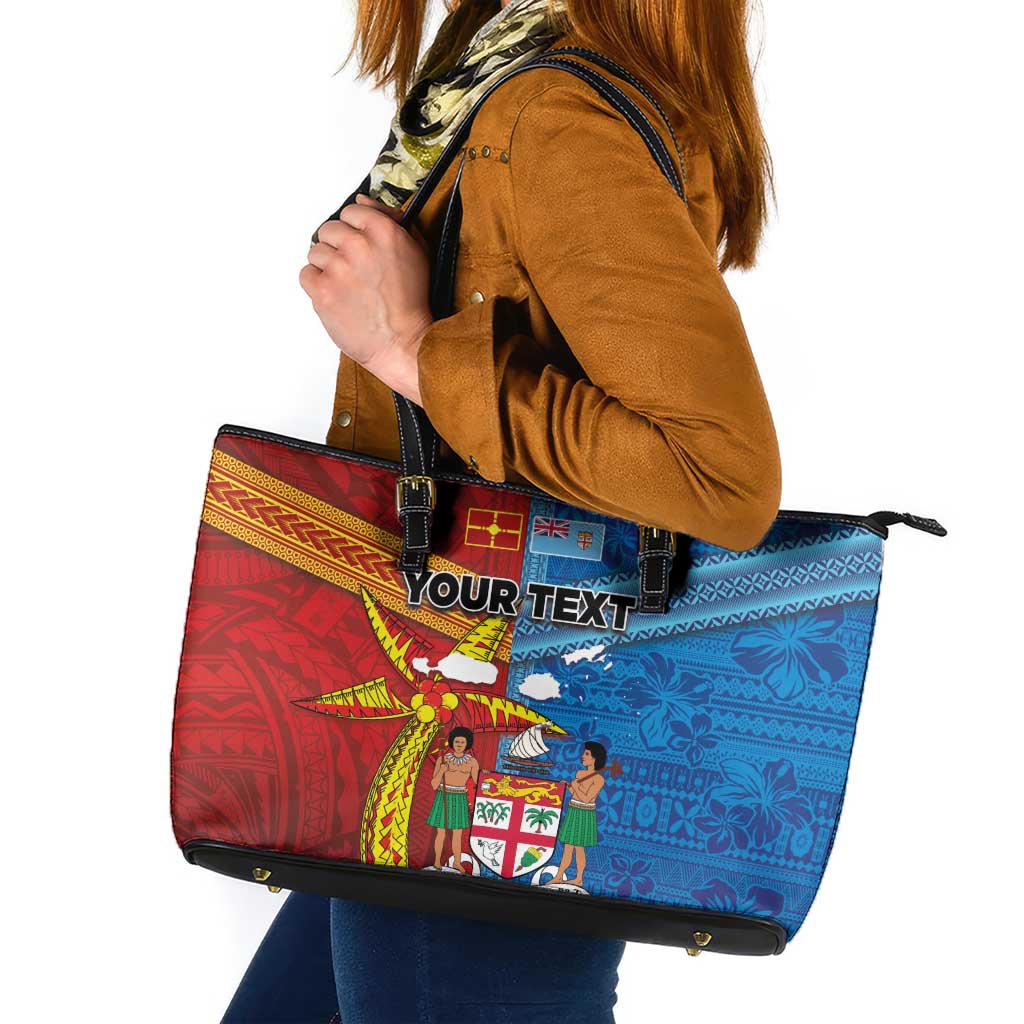 Personalised Fiji and Rotuma Together Leather Tote Bag Tapa and Pacific Art Pattern with Cultural Emblems Half Style LT03 Red - Polynesian Pride