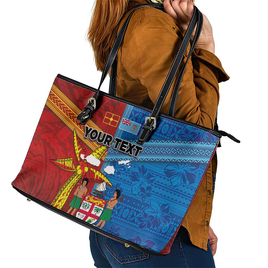 Personalised Fiji and Rotuma Together Leather Tote Bag Tapa and Pacific Art Pattern with Cultural Emblems Half Style LT03 - Polynesian Pride