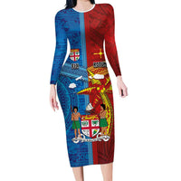 Personalised Fiji and Rotuma Together Long Sleeve Bodycon Dress Tapa and Pacific Art Pattern with Cultural Emblems Half Style LT03 Long Dress Red - Polynesian Pride