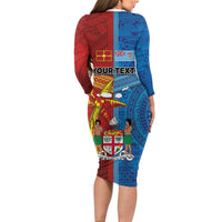 Personalised Fiji and Rotuma Together Long Sleeve Bodycon Dress Tapa and Pacific Art Pattern with Cultural Emblems Half Style LT03 - Polynesian Pride