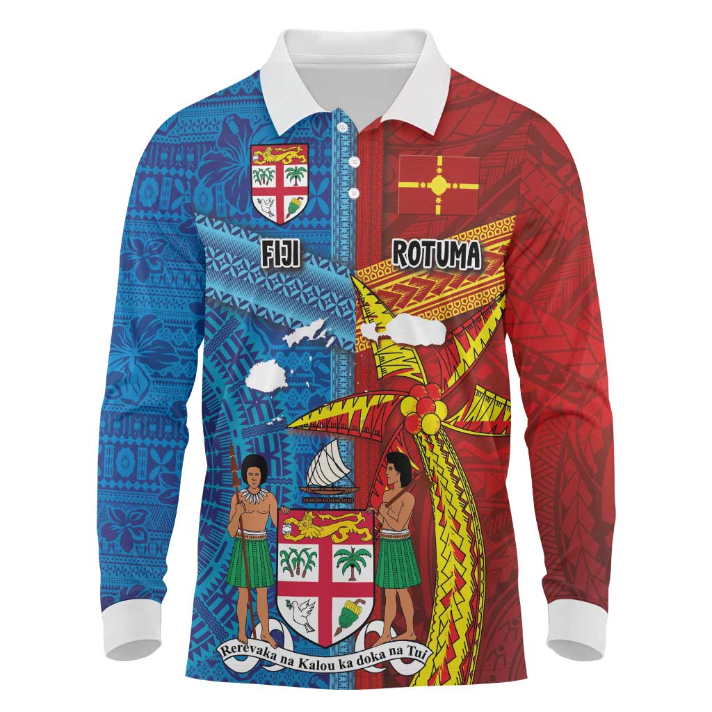 Personalised Fiji and Rotuma Together Long Sleeve Polo Shirt Tapa and Pacific Art Pattern with Cultural Emblems Half Style LT03 Red - Polynesian Pride