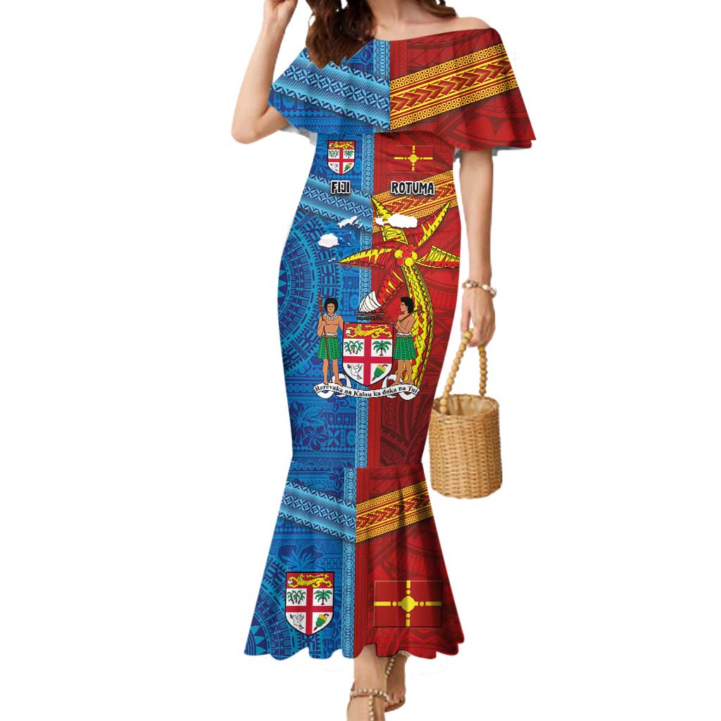 Personalised Fiji and Rotuma Together Mermaid Dress Tapa and Pacific Art Pattern with Cultural Emblems Half Style LT03 Women Red - Polynesian Pride