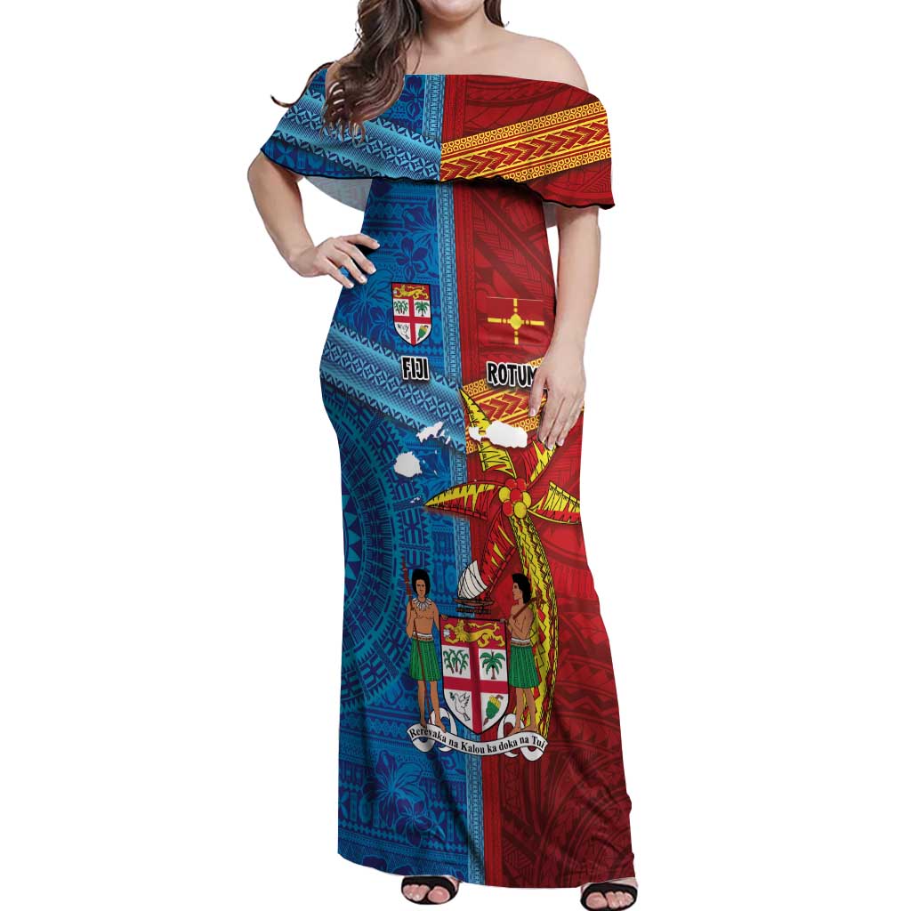 Personalised Fiji and Rotuma Together Off Shoulder Maxi Dress Tapa and Pacific Art Pattern with Cultural Emblems Half Style LT03 Women Red - Polynesian Pride