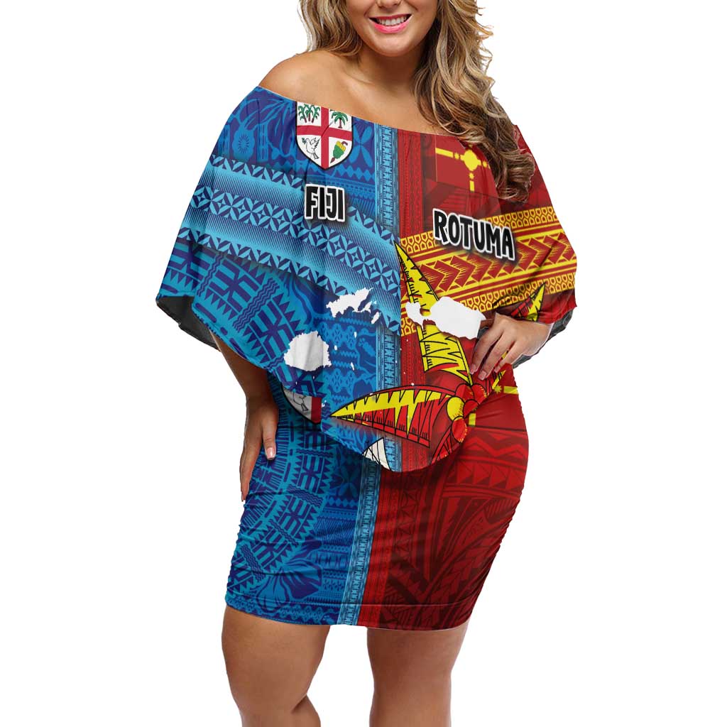 Personalised Fiji and Rotuma Together Off Shoulder Short Dress Tapa and Pacific Art Pattern with Cultural Emblems Half Style LT03 Women Red - Polynesian Pride