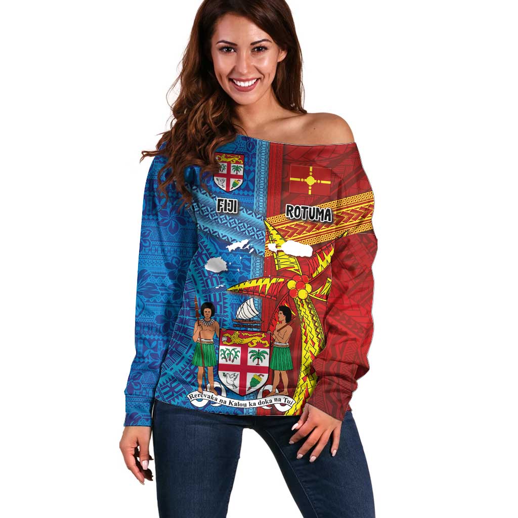 Personalised Fiji and Rotuma Together Off Shoulder Sweater Tapa and Pacific Art Pattern with Cultural Emblems Half Style LT03 Women Red - Polynesian Pride