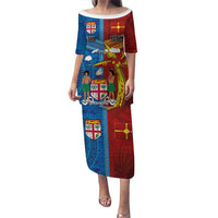 Personalised Fiji and Rotuma Together Puletasi Tapa and Pacific Art Pattern with Cultural Emblems Half Style LT03 Long Dress Red - Polynesian Pride