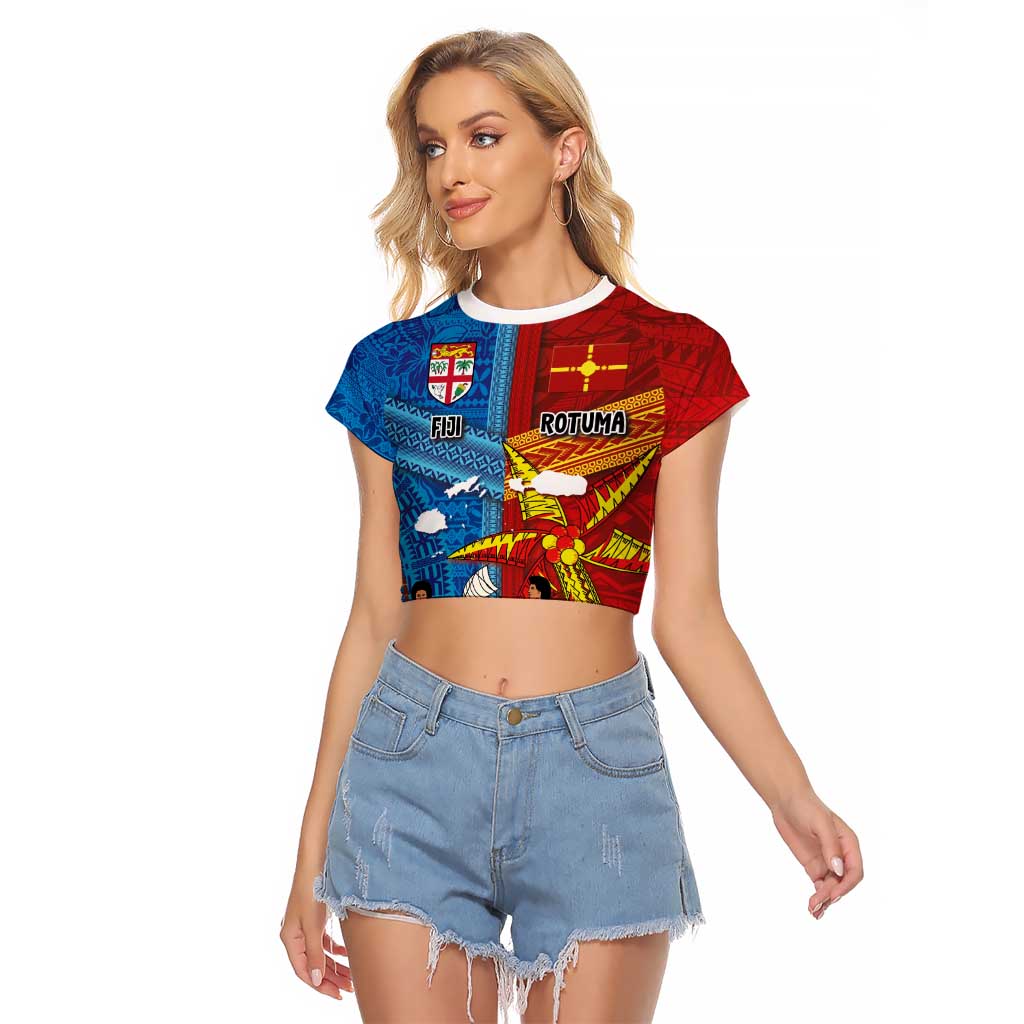 Personalised Fiji and Rotuma Together Raglan Cropped T Shirt Tapa and Pacific Art Pattern with Cultural Emblems Half Style LT03 Female Red - Polynesian Pride