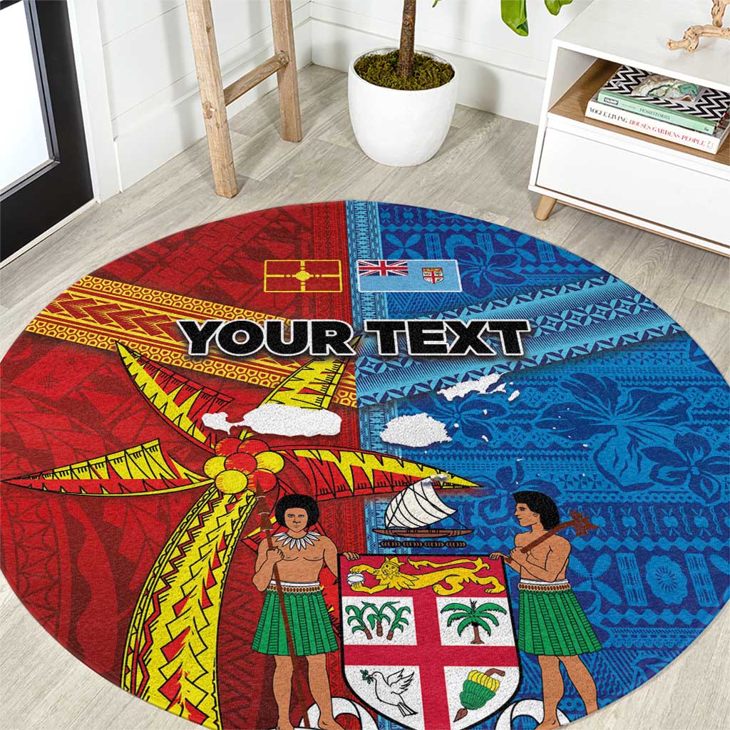 Personalised Fiji and Rotuma Together Round Carpet Tapa and Pacific Art Pattern with Cultural Emblems Half Style LT03 Red - Polynesian Pride