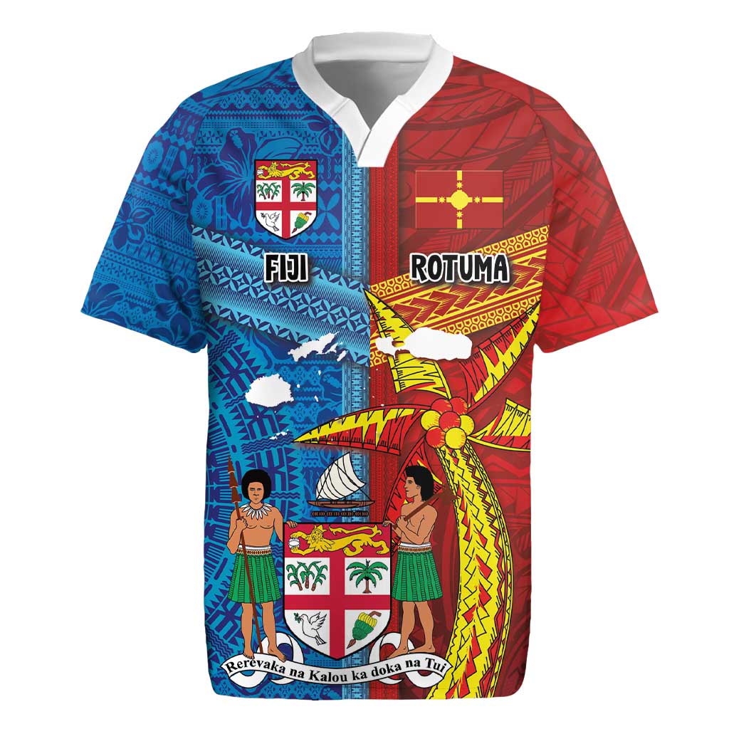 Personalised Fiji and Rotuma Together Rugby Jersey Tapa and Pacific Art Pattern with Cultural Emblems Half Style LT03 Red - Polynesian Pride
