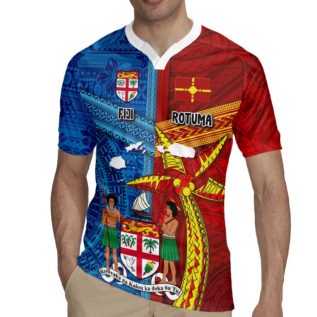 Personalised Fiji and Rotuma Together Rugby Jersey Tapa and Pacific Art Pattern with Cultural Emblems Half Style LT03 - Polynesian Pride
