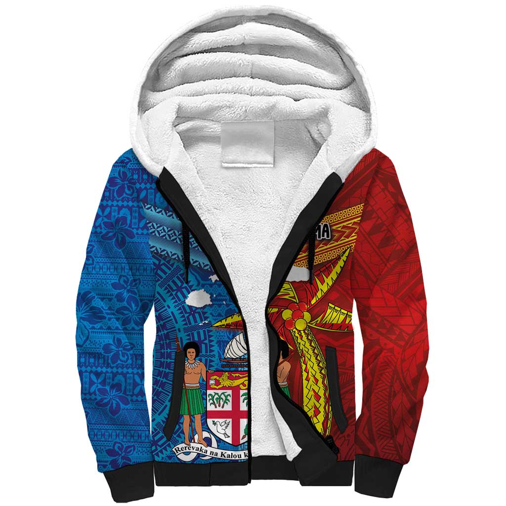 Personalised Fiji and Rotuma Together Sherpa Hoodie Tapa and Pacific Art Pattern with Cultural Emblems Half Style LT03 Unisex Red - Polynesian Pride