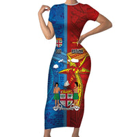 Personalised Fiji and Rotuma Together Short Sleeve Bodycon Dress Tapa and Pacific Art Pattern with Cultural Emblems Half Style LT03 Long Dress Red - Polynesian Pride