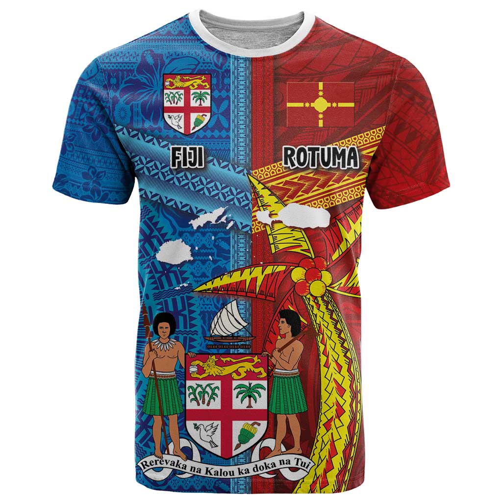 Personalised Fiji and Rotuma Together T Shirt Tapa and Pacific Art Pattern with Cultural Emblems Half Style LT03 Red - Polynesian Pride