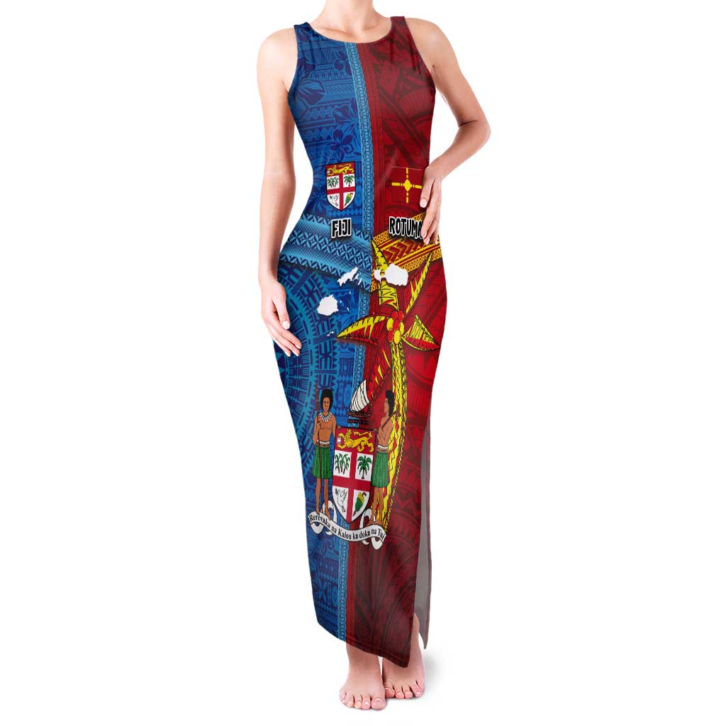 Personalised Fiji and Rotuma Together Tank Maxi Dress Tapa and Pacific Art Pattern with Cultural Emblems Half Style LT03 Women Red - Polynesian Pride