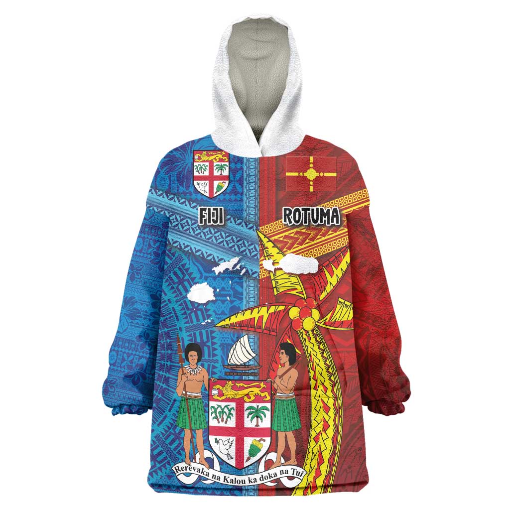 Personalised Fiji and Rotuma Together Wearable Blanket Hoodie Tapa and Pacific Art Pattern with Cultural Emblems Half Style LT03 One Size Red - Polynesian Pride