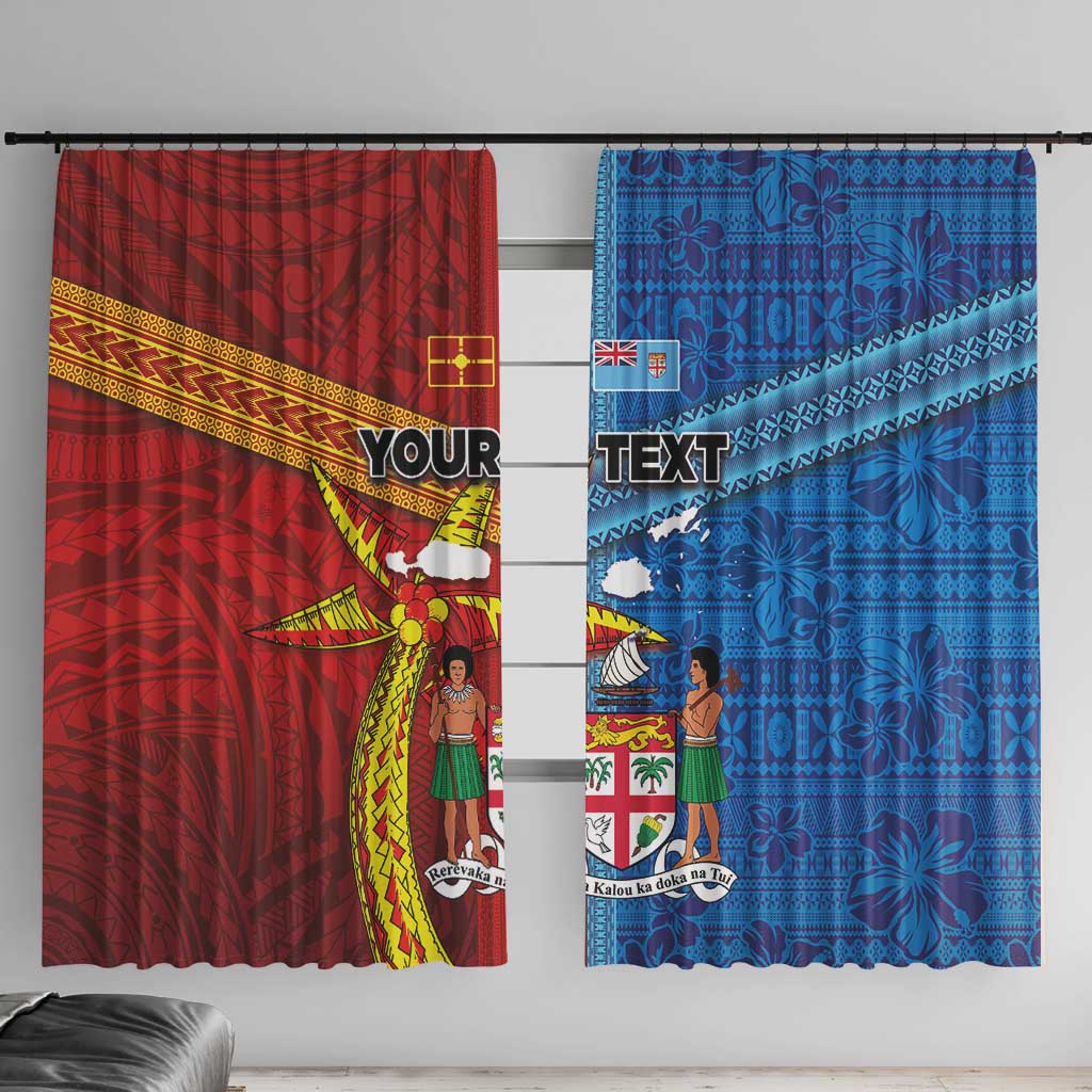 Personalised Fiji and Rotuma Together Window Curtain Tapa and Pacific Art Pattern with Cultural Emblems Half Style LT03 With Hooks Red - Polynesian Pride