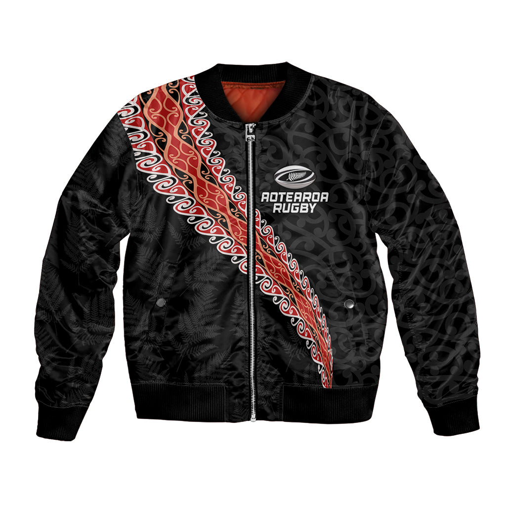 Custom New Zealand Rugby Bomber Jacket Maori and Silver Fern Half Style LT03 Unisex Black - Polynesian Pride