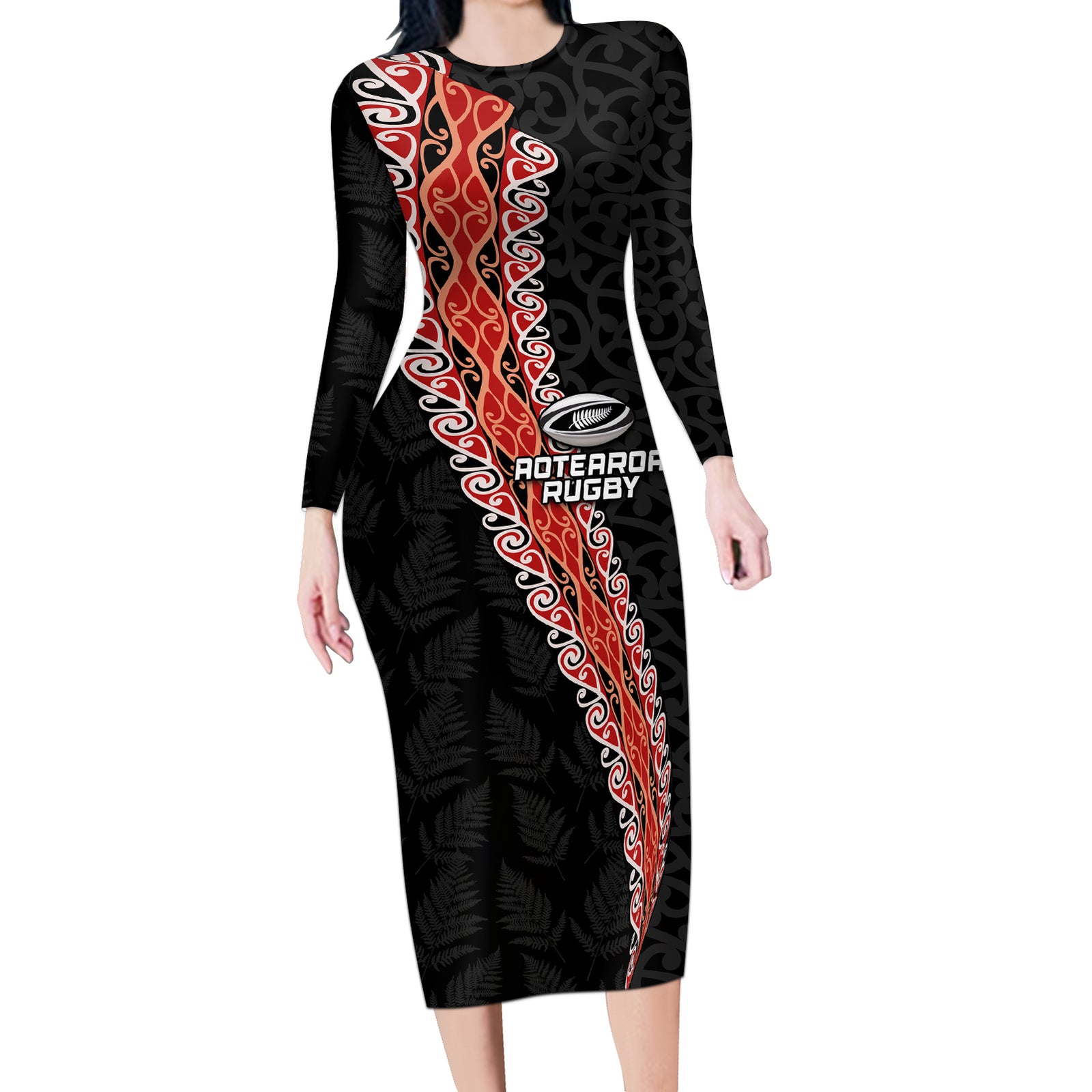 Custom New Zealand Rugby Long Sleeve Bodycon Dress Maori and Silver Fern Half Style LT03 Long Dress Black - Polynesian Pride