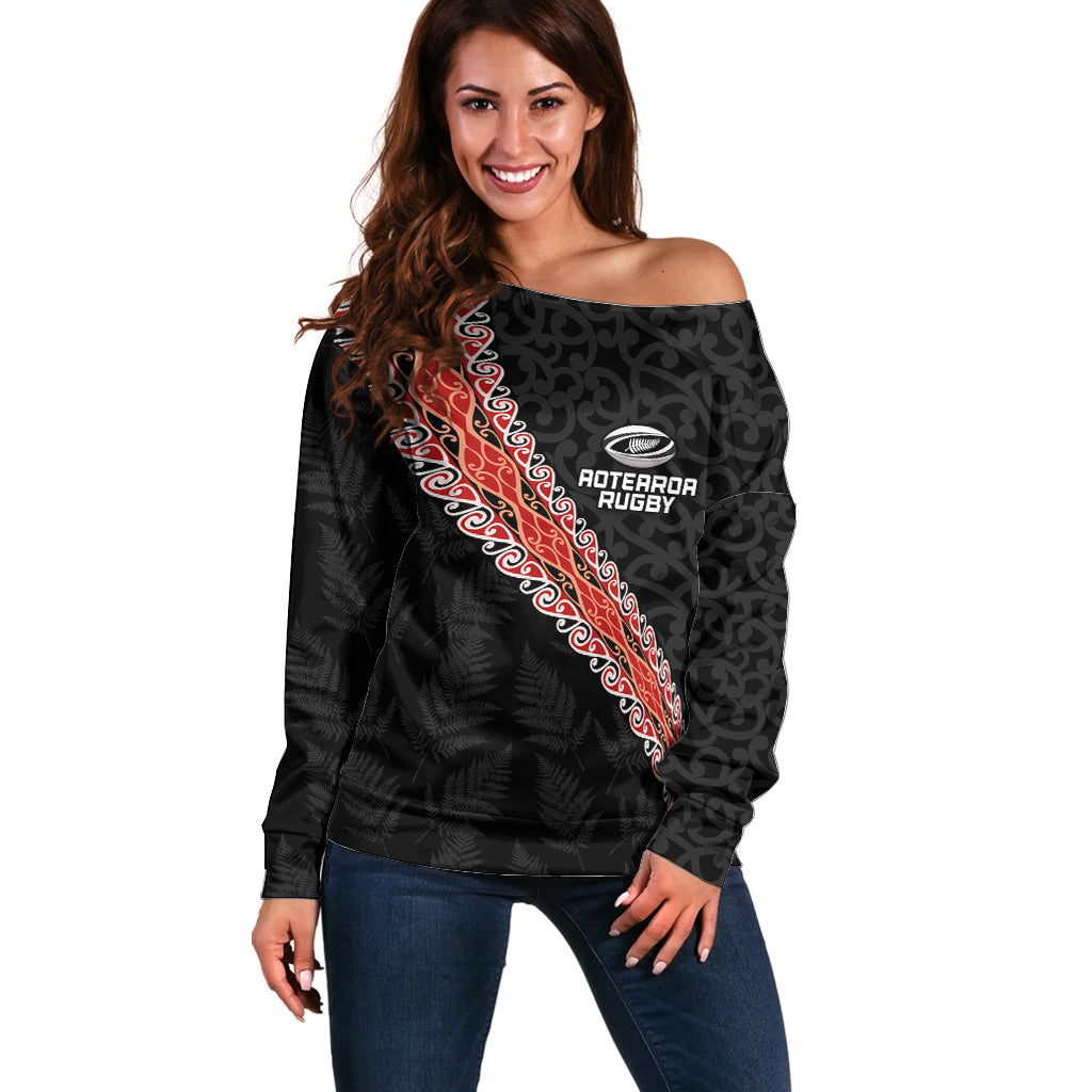 Custom New Zealand Rugby Off Shoulder Sweater Maori and Silver Fern Half Style LT03 Women Black - Polynesian Pride